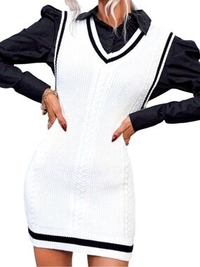 NWOT Knitted V-neck White and Black Dress size XXS